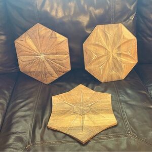 Set of Three Wooden Flower Hexagonal Wall Plaques